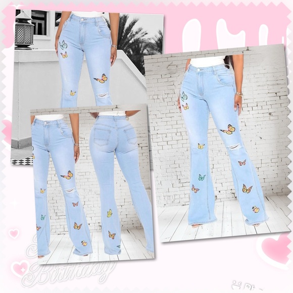 Butterfly Painted Flare Bottom Jeans | Stretch Denim | Size M - Picture 4 of 10